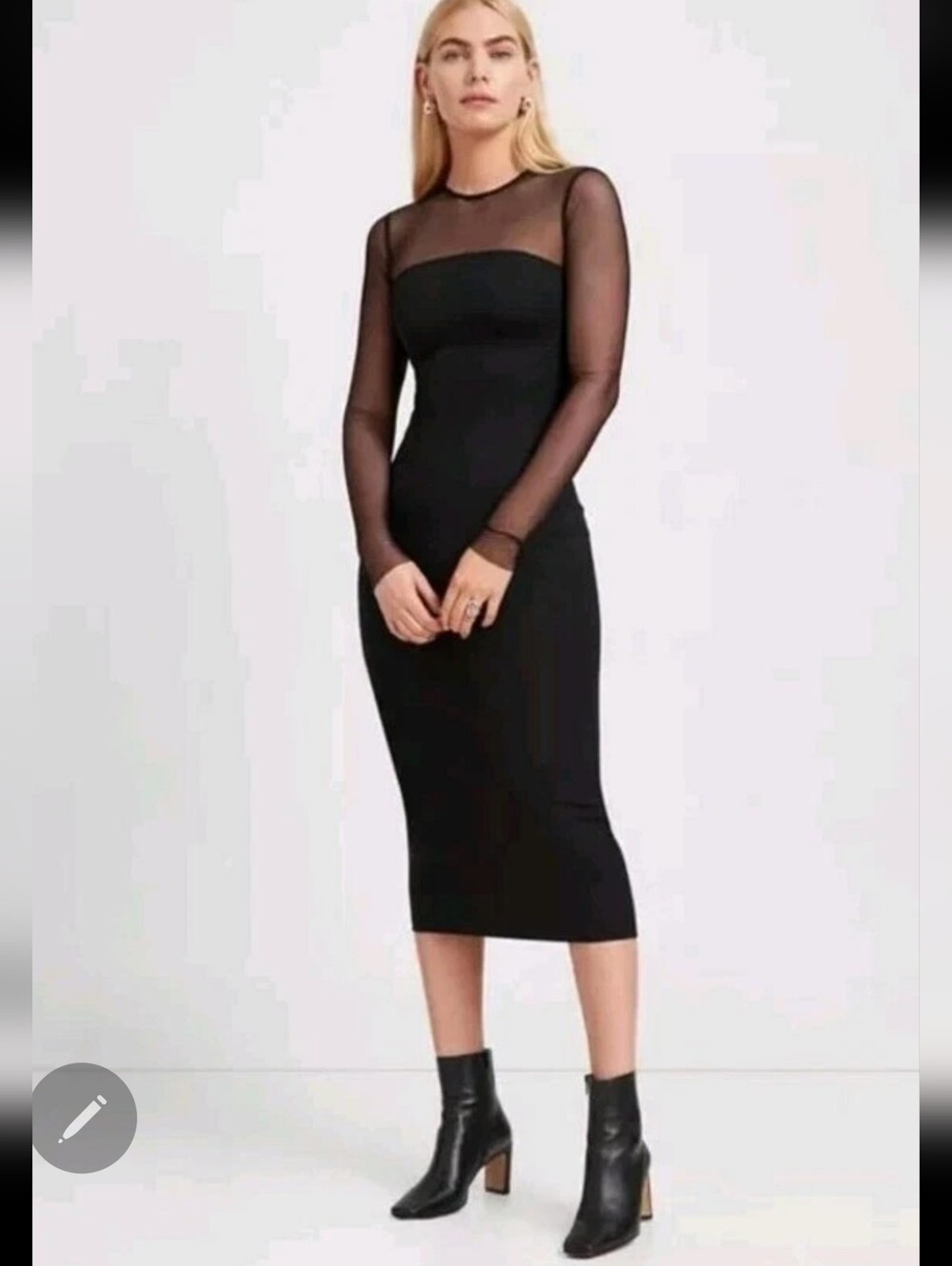 Marcella Maite Dress - Black midi length bodycon dress with mesh long sleeves